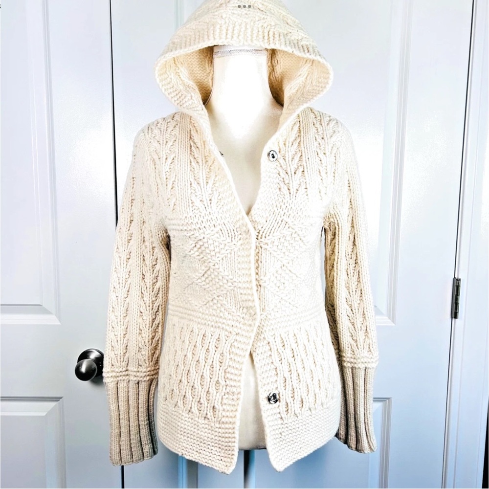 Womens Hand Knit Cardigan Sweater Lambswool Hooded Chunky Cable American Eagle